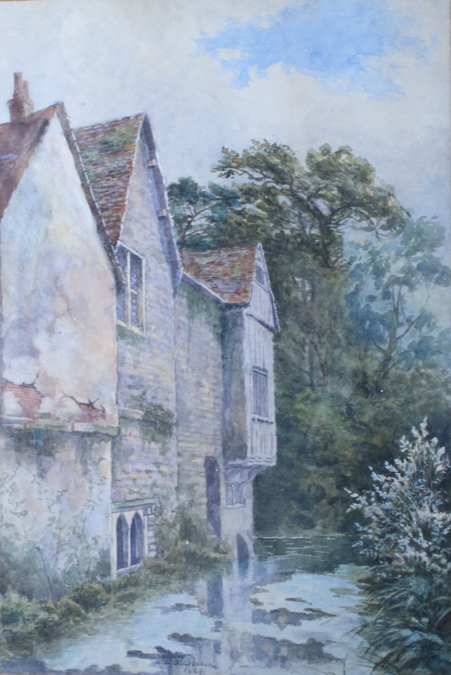 S L Stephenson?, 1889: watercolours, old moated manor house, 17 1/2" x 12", in gilt frame