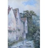 S L Stephenson?, 1889: watercolours, old moated manor house, 17 1/2" x 12", in gilt frame