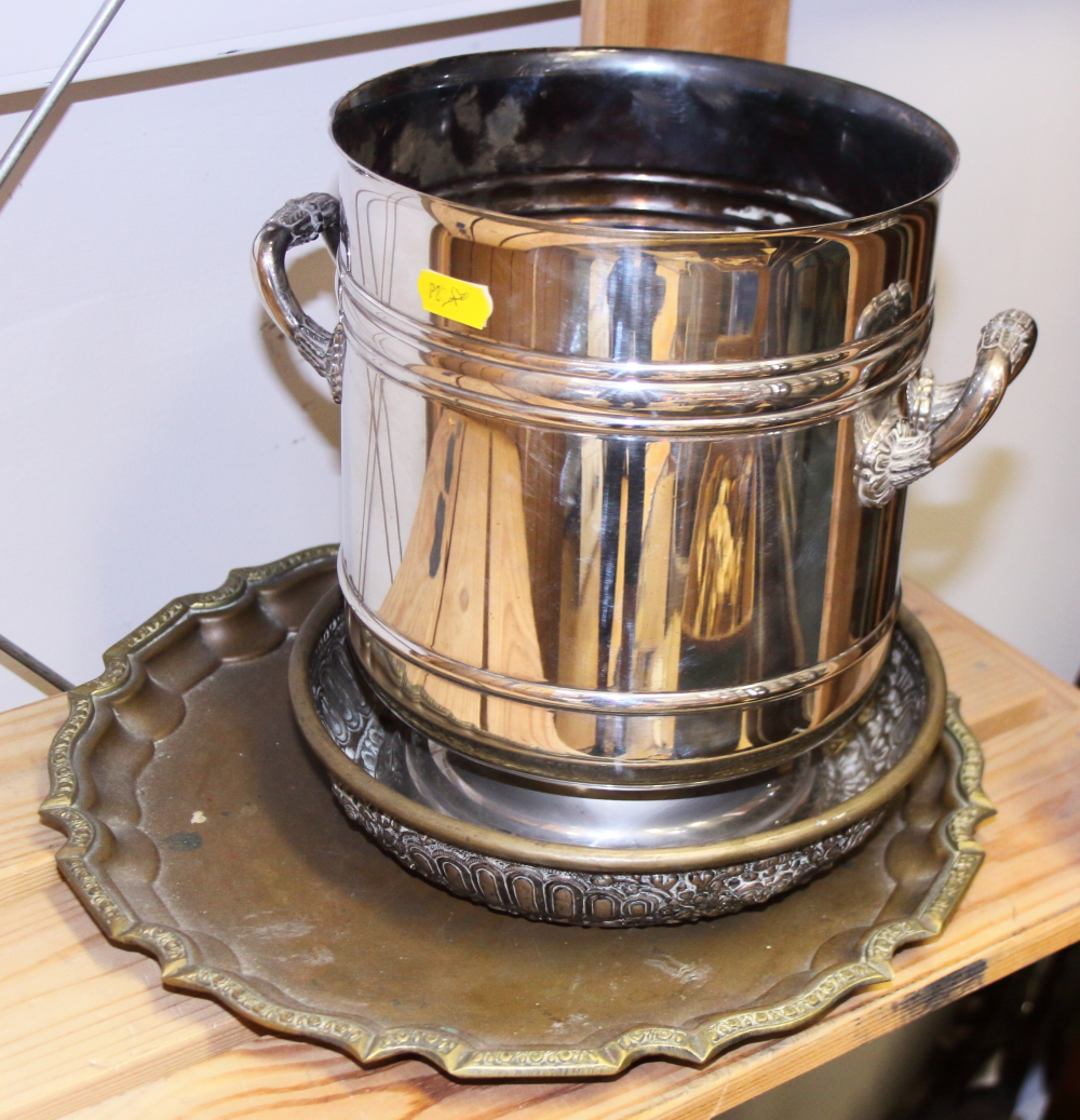 A Christofle silver plated two-handled ice bucket, an Indian white metal dish, a salver and a pair