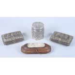A mid 20th century Alex & Co Siam silver cylindrical canister and cover, two Indian brass boxes with