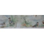 A framed panel of 1930s wallpaper with duck design, a limited edition print of an orchid, a