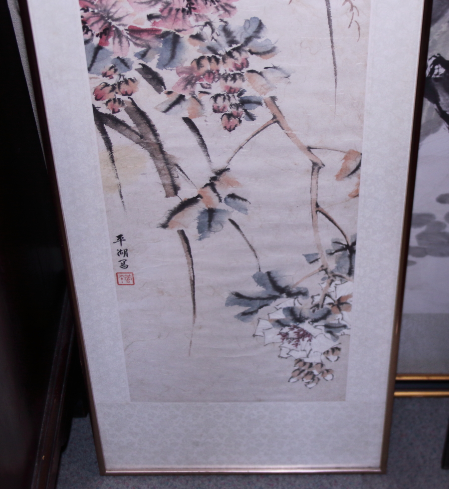 A Chinese watercolour and ink drawing, prunus blossom and rocks, 58" x 31 1/2", and a similar study, - Bild 4 aus 9