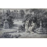 Eva Hollyer: oil on canvas, Regency garden with ladies, 13" x 21", unframed