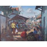 An oil on board, Indonesian market scene with figures, 17 1/2" x 23 1/2", in strip frame