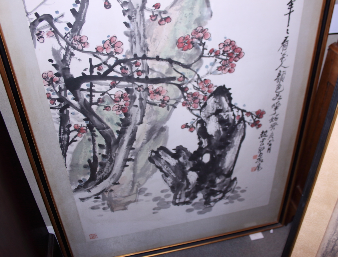 A Chinese watercolour and ink drawing, prunus blossom and rocks, 58" x 31 1/2", and a similar study, - Bild 7 aus 9