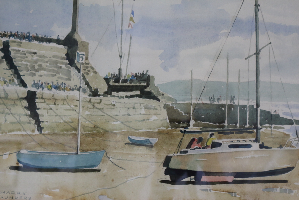 Harry Saunders: watercolours, New Quay Harbour, Wales, 12 1/4" x 16", in strip frame
