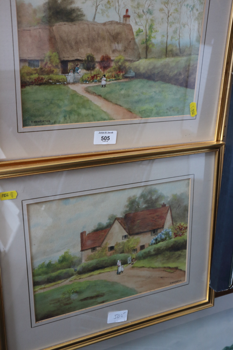 D Houghton: A pair of watercolours, cottages with figures, 8" x 11", in gilt frames, and Derek Ward: