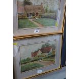 D Houghton: A pair of watercolours, cottages with figures, 8" x 11", in gilt frames, and Derek Ward: