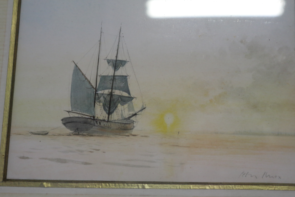 Three watercolour studies, sailing boats and jetties, in strip frames (water damages) - Bild 2 aus 3