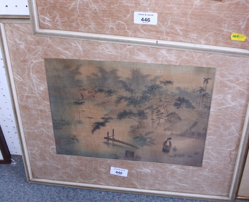 A pair of Vietnamese watercolour landscapes, on silk, in strip frames - Bild 6 aus 9