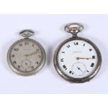 A Continental silver open face pocket watch with white enamel dial, Roman numerals, gilt hands and