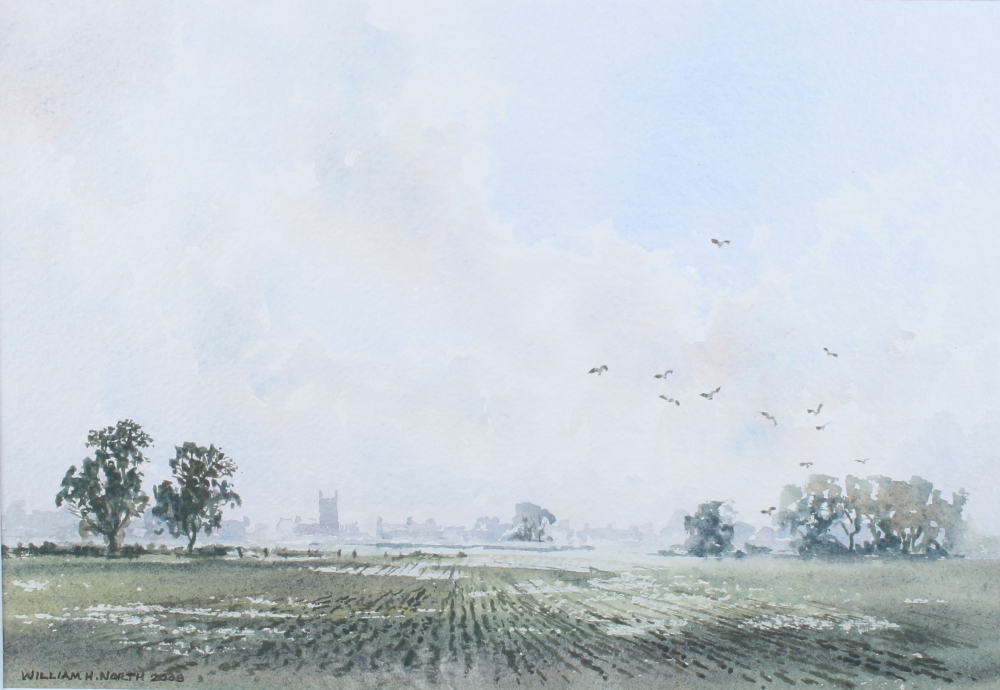 William H North: watercolours, "Misty Morning, Charlton", 8 1/2" x 12 3/4", in strip frame