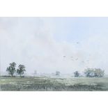 William H North: watercolours, "Misty Morning, Charlton", 8 1/2" x 12 3/4", in strip frame