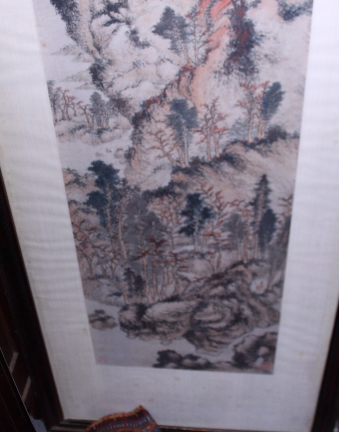 A Chinese watercolour landscape with pine forest and waterfall, 50" x 13 3/4", in gilt strip frame - Image 4 of 6