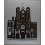 David Gentleman: a signed limited edition coloured print, St James's Palace, 168/195, in gilt frame