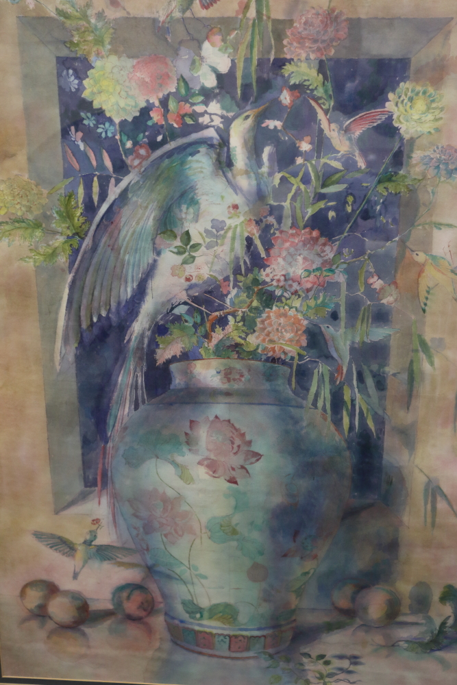 Pandora Smith: watercolours, "Exotic Bird with Vase", 33" x 22", in gilt strip frame