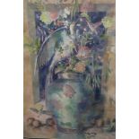 Pandora Smith: watercolours, "Exotic Bird with Vase", 33" x 22", in gilt strip frame