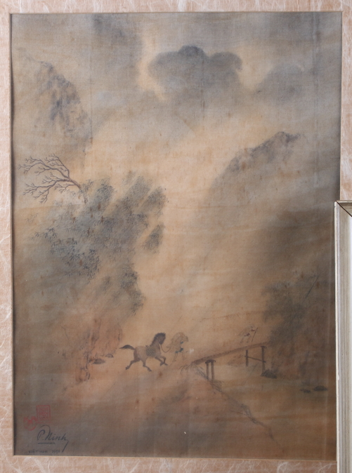 A pair of Vietnamese watercolour landscapes, on silk, in strip frames - Bild 2 aus 9