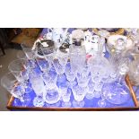 A quantity of cut glass, including wines, tumblers, etc, together with various decanters and