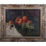 C Muller?: a 19th century oil on canvas, still life with apples, grapes and peaches, 15 1/2" x 19