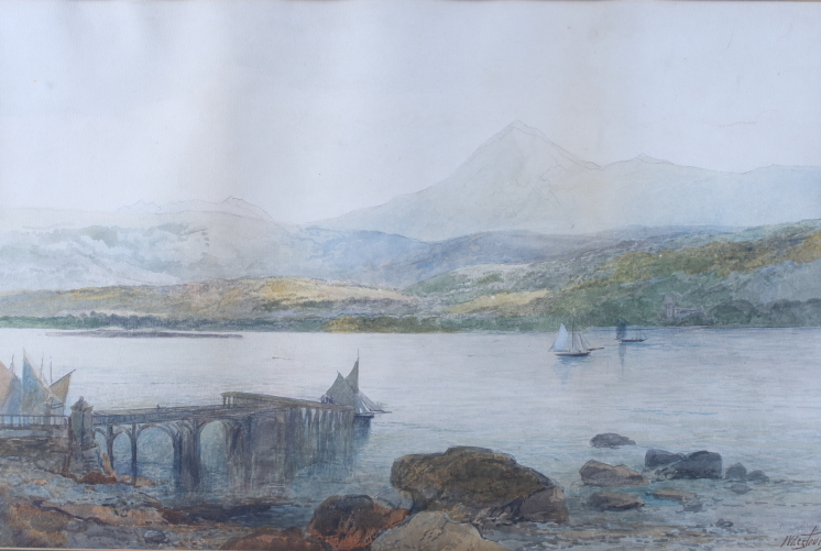 A 19th century watercolour, landscape with lake, pier and boats, indistinctly signed, 11" x 18"