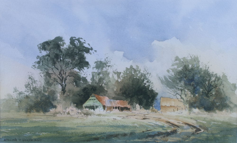 William H North: watercolours, "Near Wendlebury, Sheds and Haystack", 7" x 11 1/2", in strip - Image 3 of 3