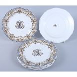 A set of six 19th century Gien pottery, monogrammed dessert plates, 9" dia