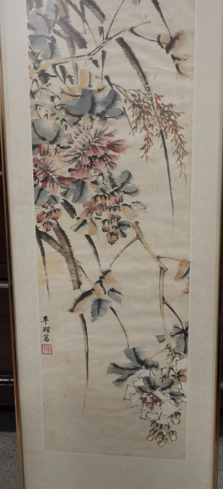 A Chinese watercolour and ink drawing, prunus blossom and rocks, 58" x 31 1/2", and a similar study,