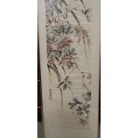 A Chinese watercolour and ink drawing, prunus blossom and rocks, 58" x 31 1/2", and a similar study,