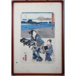 A 19th century Japanese woodblock print, woman with trays of food and attendant, in lacquered frame