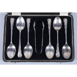 A cased set of six silver teaspoons and a pair of sugar tongs, 3.0oz troy approx