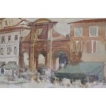 Frederick Bagust: pencil and watercolour sketch, "Roman Gate, Rimini", 8 3/4" x 11 1/2", in maple