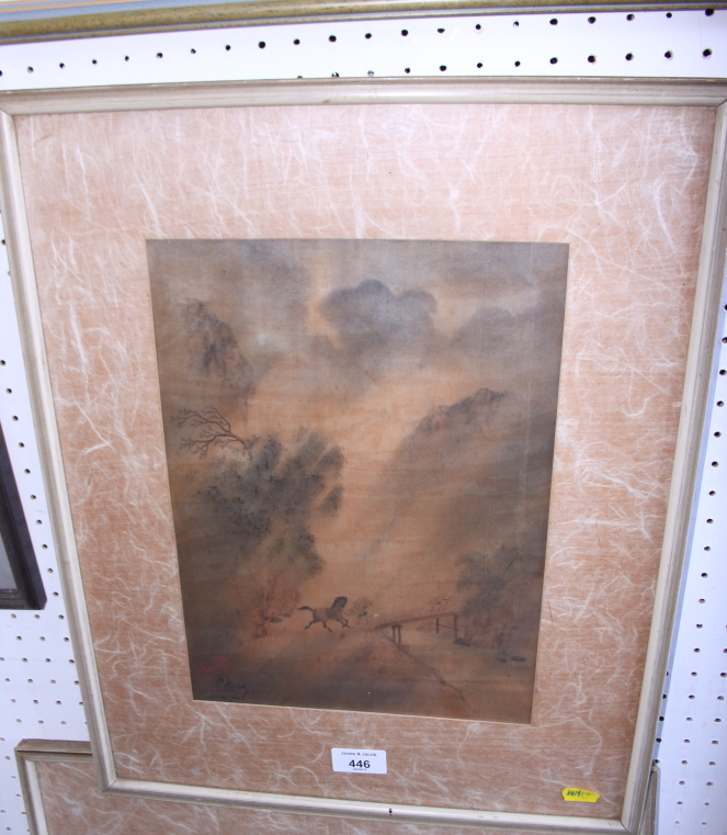 A pair of Vietnamese watercolour landscapes, on silk, in strip frames - Bild 4 aus 9