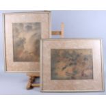 A pair of Vietnamese watercolour landscapes, on silk, in strip frames