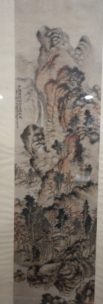 A Chinese watercolour landscape with pine forest and waterfall, 50" x 13 3/4", in gilt strip frame