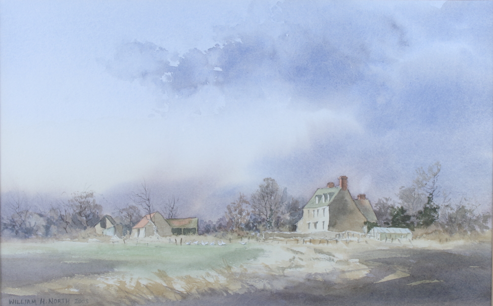 William H North: watercolours, "Brookfurlong Farm", 10 1/2" x 17", in wash line mount and strip
