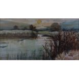 Charles Bartlett PR WS: watercolours, "Riverbank", 9 1/2" x 18", in strip frame