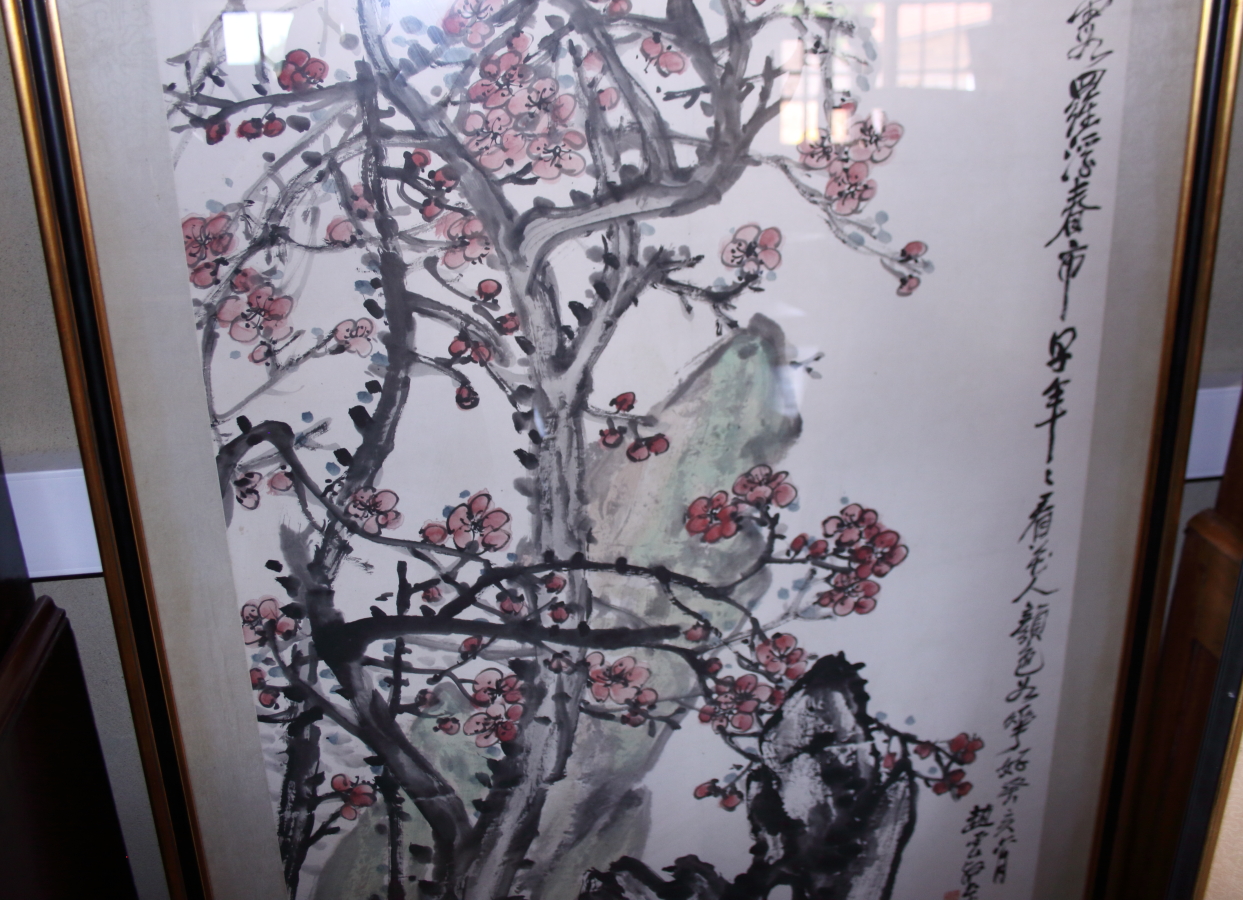 A Chinese watercolour and ink drawing, prunus blossom and rocks, 58" x 31 1/2", and a similar study, - Bild 6 aus 9