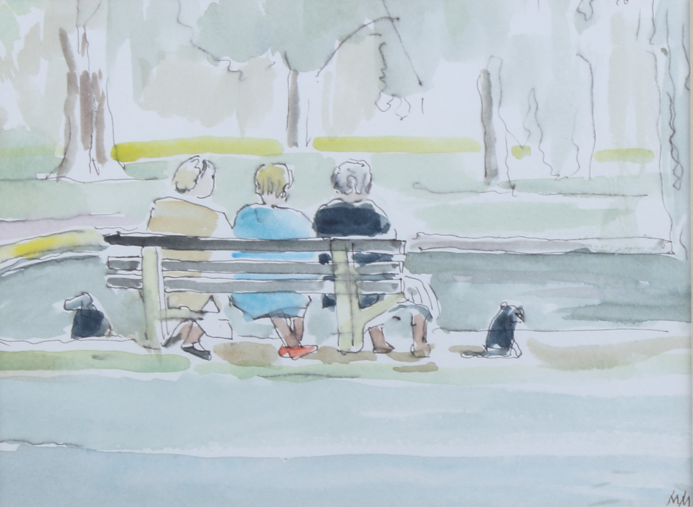 Muriel Mallows: watercolours, three figures on a bench, and two other watercolours, views of