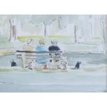 Muriel Mallows: watercolours, three figures on a bench, and two other watercolours, views of