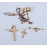 A 9ct gold sapphire and seed pearl brooch, a 9ct gold and turquoise brooch and various other gold,