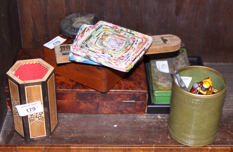 A trinket box, an inlaid box, a pencil stand and other decorative items