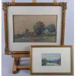 Edwin Viner: watercolours, "Bidston Church", 7 1/4" x 5", in gilt frame, and a 19th century