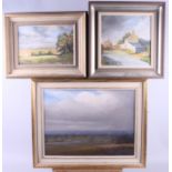 Ronn Hill: oil on board, "Early Autumn", 60 1/2" x 9 1/2", in gilt frame, a companion oil,