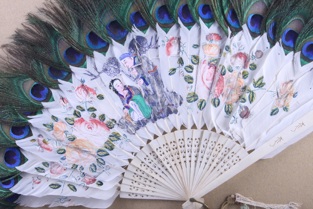 A Chinese peacock and other bird feather fan, 13" long, in box frame - Image 2 of 2