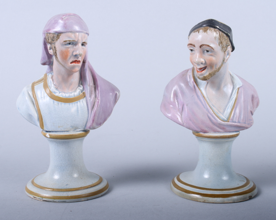 A pair of late 18th century Staffordshire busts, Tragedy and Comedy, 5 1/2" high (restorations)