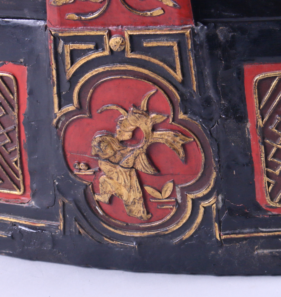 A Chinese lacquered wedding basket with applied figure and floral decoration, 12 1/2" long - Image 2 of 6