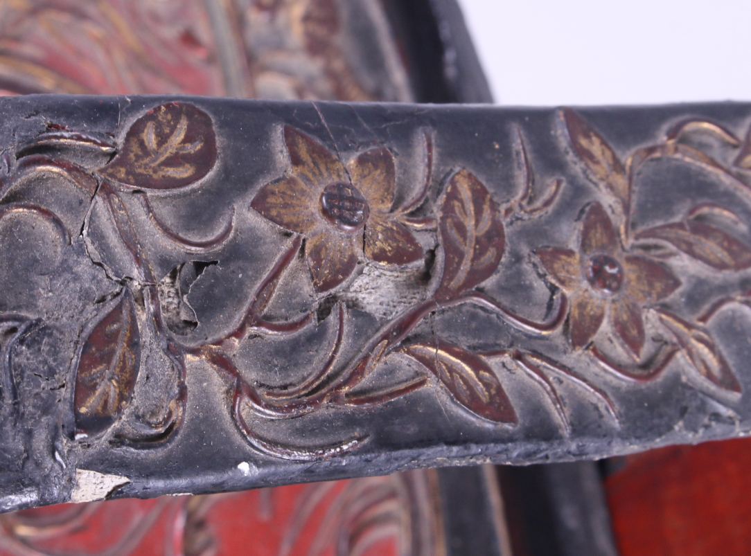 A Chinese lacquered wedding basket with applied figure and floral decoration, 12 1/2" long - Image 5 of 6