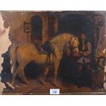 A pair of 19th century oils on canvas, horses and grooms in stables, 14" x 18", unframed