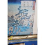 A Japanese wood block print, figures amongst cherry blossom, in silvered frame